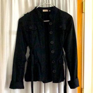 Fitted Black military moto jacket buttons tie waist